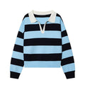 Women`s Striped Polo Neck Knitted Sweater - Casual Oversized Pullover