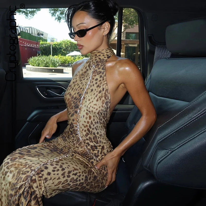 Fashion Halter Leopard Sexy Backless Maxi Dress Women Club Outfits Bandage Embellished Long Dresses Robe Clothes