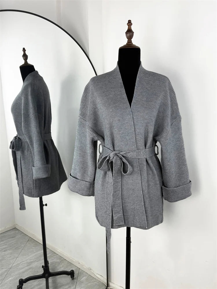 Elegant Ribbed Knit Lace-Up Cardigan Coat