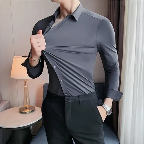 Men's Long Sleeved Elastic Shirt No Ironing Business Wear Professional Workwear Stand Up Collar Shirt Casual Solid Color Shirt