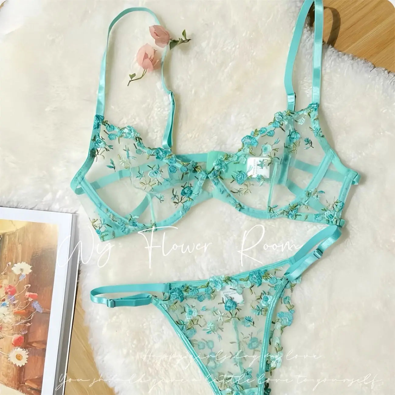 Pure and Sensual Lingerie for Girls, Summer's Super Beautiful Floral Embroidery Sweet and Sexy Mesh Bra, Fresh Flowers