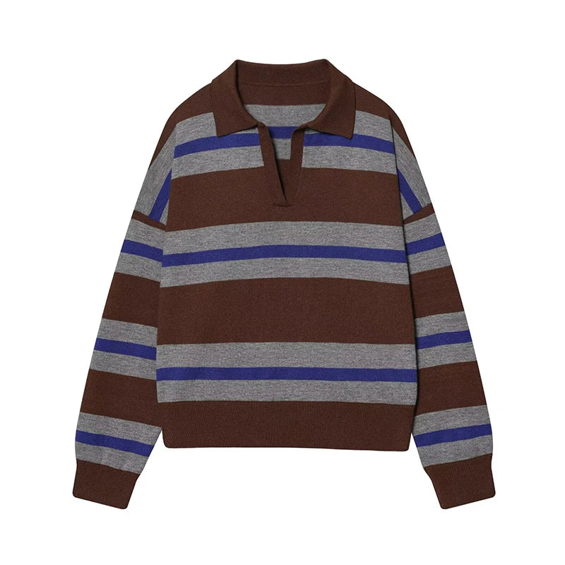Women`s Striped Polo Neck Knitted Sweater - Casual Oversized Pullover