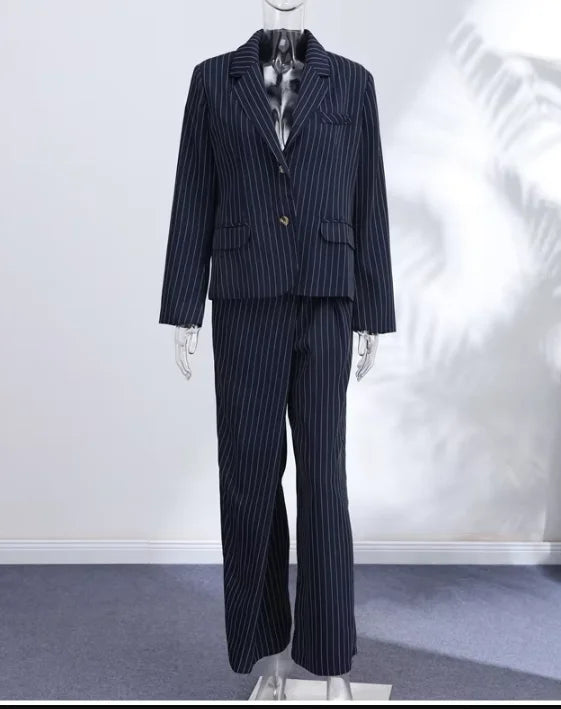 Backless Tie Waist Pinstripe Blazer Set Women 2 Pieces Lapel Button Down Blazer With High Waist Wide Leg Pants Office Suit