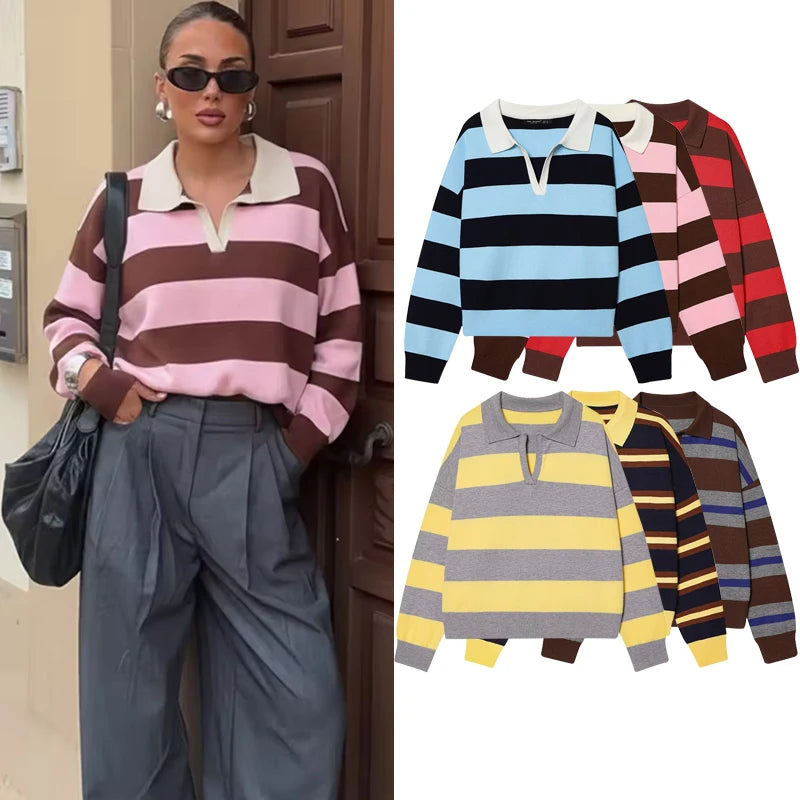 Women`s Striped Polo Neck Knitted Sweater - Casual Oversized Pullover