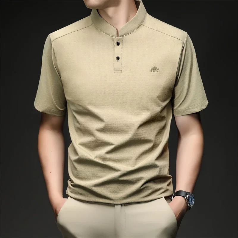 Mens Mandarin Collar Sport Polo Shirt Short Sleeve Casual Tops With Two Button Neck Comfortable Breathable Mesh Tees For Men