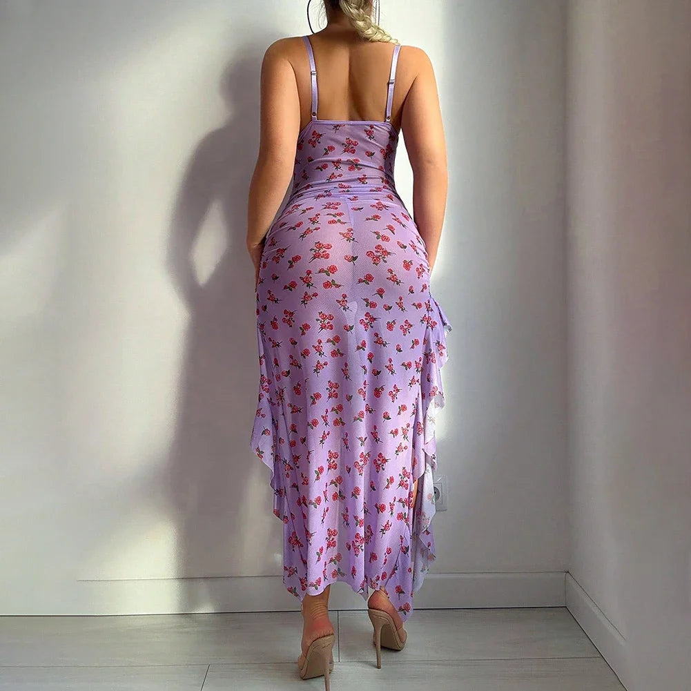 Women's Butterfly Print Maxi Dress - Slim Fit Slit Evening Lounge Dress