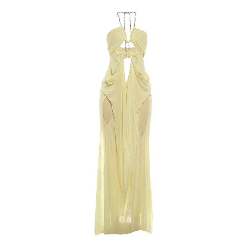 Women's Sexy Halter Maxi Dress Plunging Neck Cutout Backless Sleeveless Mesh Party Gown for Birthday Prom Cocktail