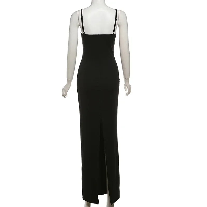 Elegant Black Maxi Dress with Lace Cups and Spaghetti Straps