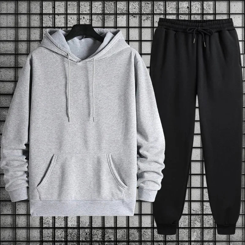 Autumn Winter Solid Color Hoodie and Sweatpants Men's Tracksuit Urban Casual Fashion Sportswear Male Daily Training Jogging Suit