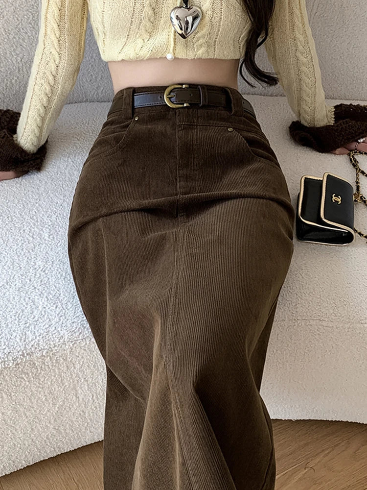 Winter Corduroy Women's Long Skirt Woman Vintage High Waist Wrap Cargo Bodycon Skirts With Belt A-line Black Brown Faldas Largas
