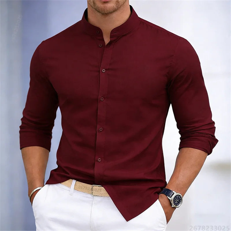 Men's Stand-Up Collar Long-Sleeve Shirt - Slim Fit Casual Business Shirt