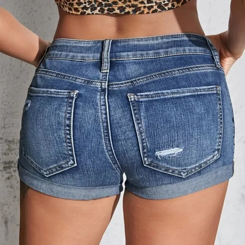 Women's Mid-Waist Distressed Denim Shorts – Summer Beach Curled Cuff Shorts