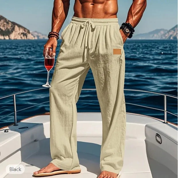 2026 Summer Men's Cotton and Linen Oversized Wide Leg Pants, Men's Artistic Style Elastic Waist Solid Color Casual Loose Pants