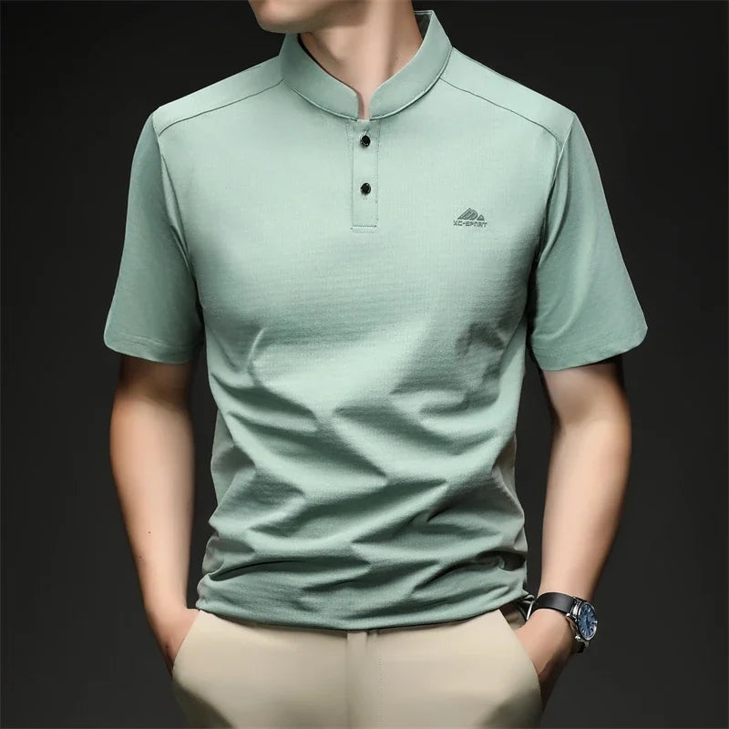 Mens Mandarin Collar Sport Polo Shirt Short Sleeve Casual Tops With Two Button Neck Comfortable Breathable Mesh Tees For Men