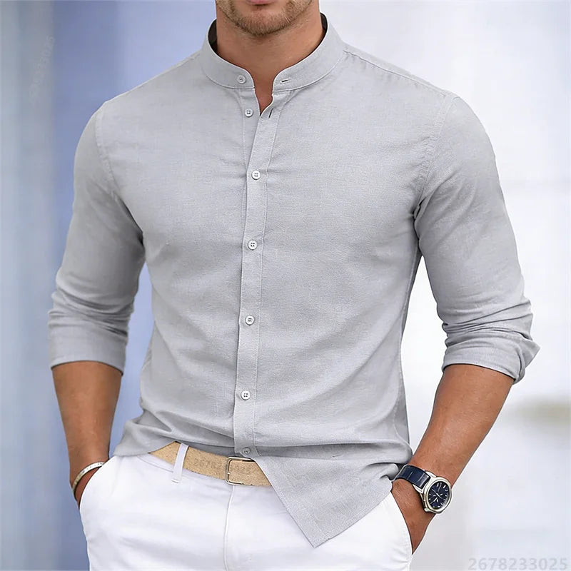 Men's Stand-Up Collar Long-Sleeve Shirt - Slim Fit Casual Business Shirt