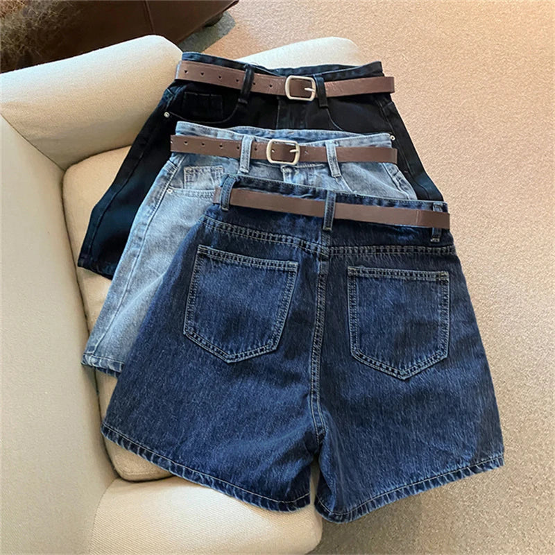 Denim Shorts Women's Summer New Wave High Waist Simple Slim Loose Wide Leg Joker A-pants Casual Straight Leg Pants Jeans
