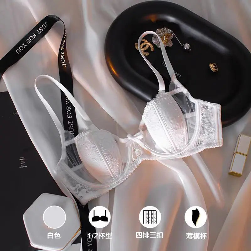 2025 New  Bra French Sexy Lace Underwear Women's Transparent Bra Big Breasts Show Small Upper Support Anti-sagging Bra Set