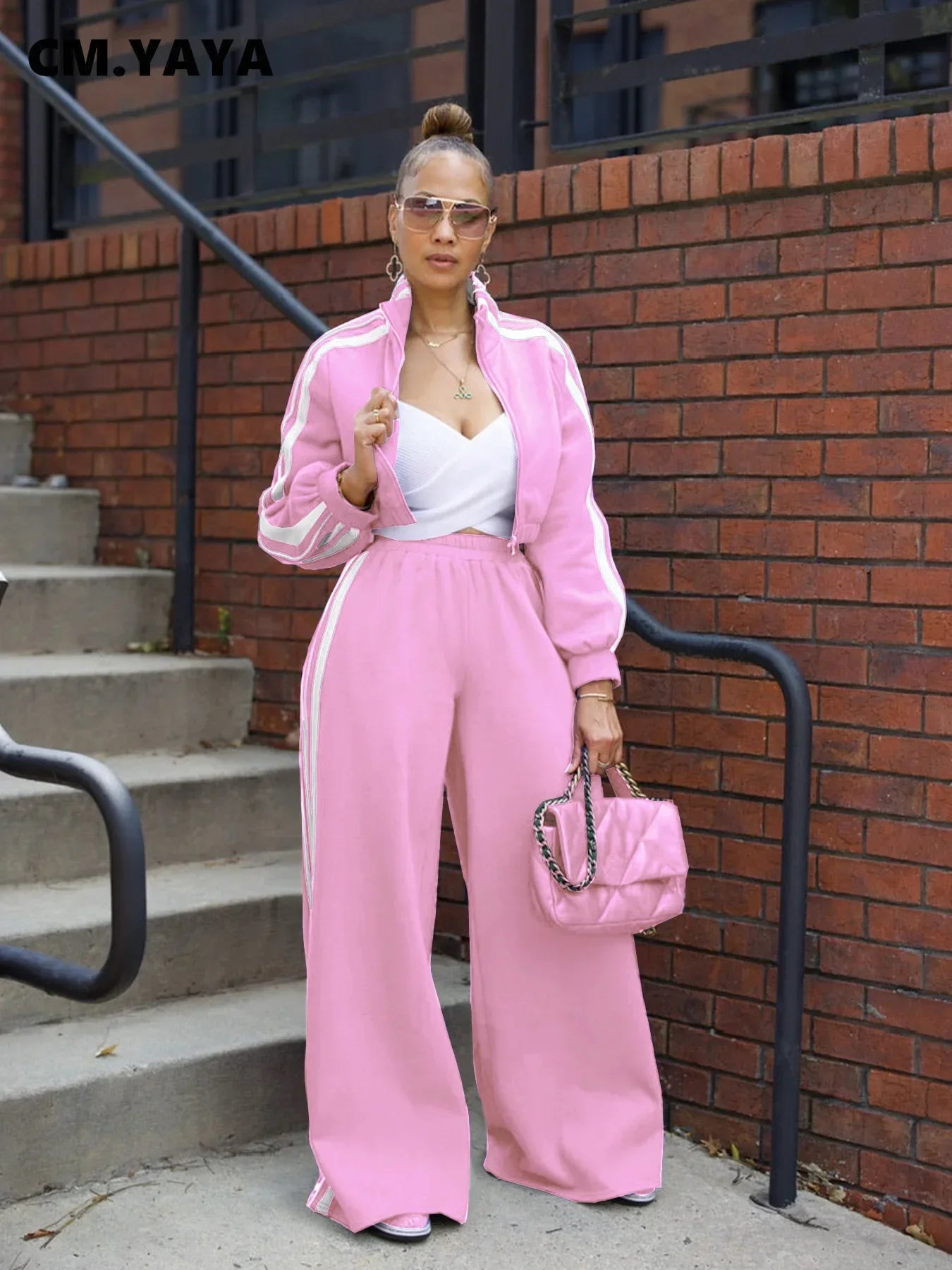 CM.YAYA  Active Women's Set Long Sleeve Striped Sweatshirt+Straight Pants 2024 Fall Street Two 2 Piece Sets Outfits Sportwear