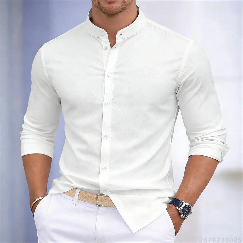 Men's Stand-Up Collar Long-Sleeve Shirt - Slim Fit Casual Business Shirt