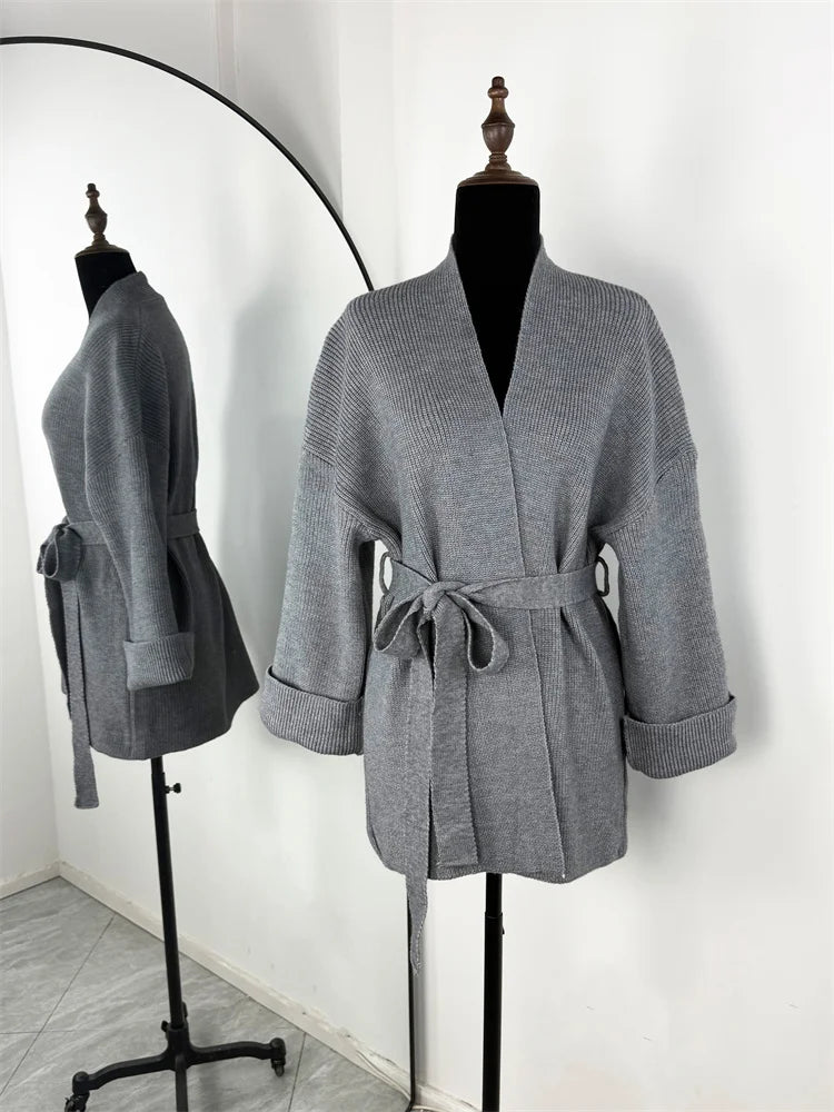 Elegant Ribbed Knit Lace-Up Cardigan Coat