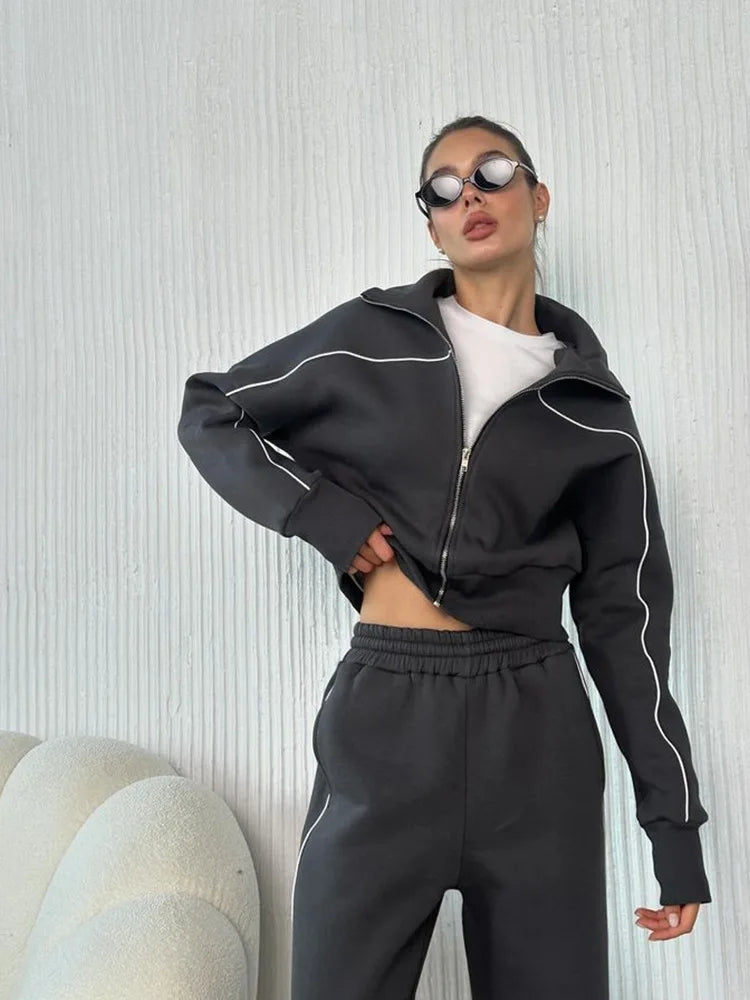 European And American Casual Suit Long-sleeved Zipper Cardigan Loose Striped Sweatshirt Elastic Wide-leg Pants Two-piece Set