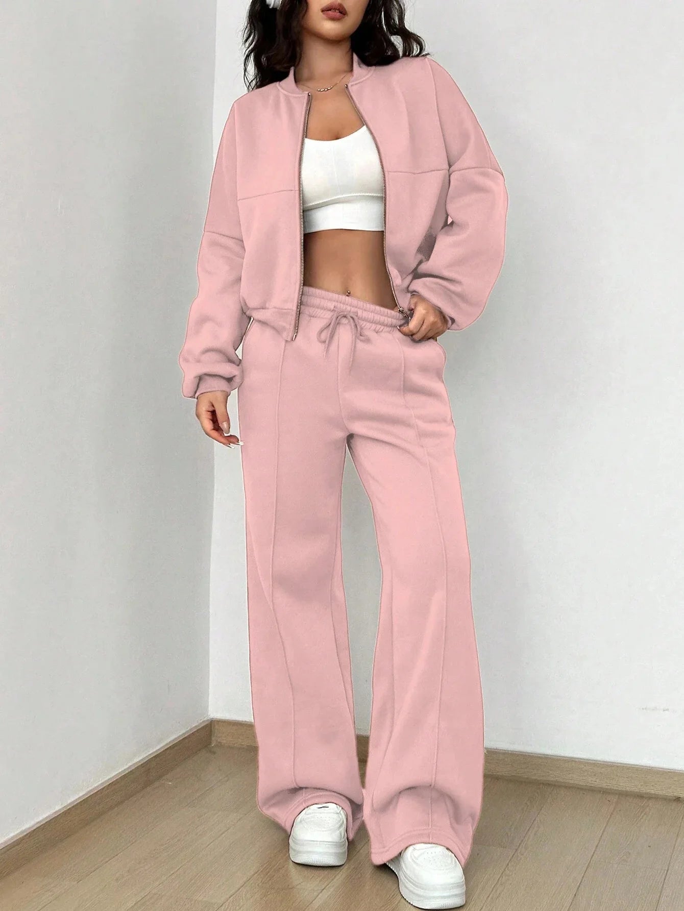 Grey Bomber Jacket Pant Women 2 Pieces Set Casual Long Sleeve Zipper Coat Casual Solid Sweatshirt Trousers Suit Fall Sportwear