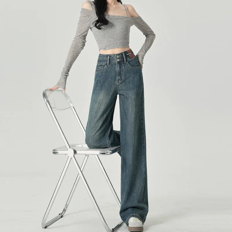Women's High-Waisted Wide-Leg Jeans with Double-Button Closure