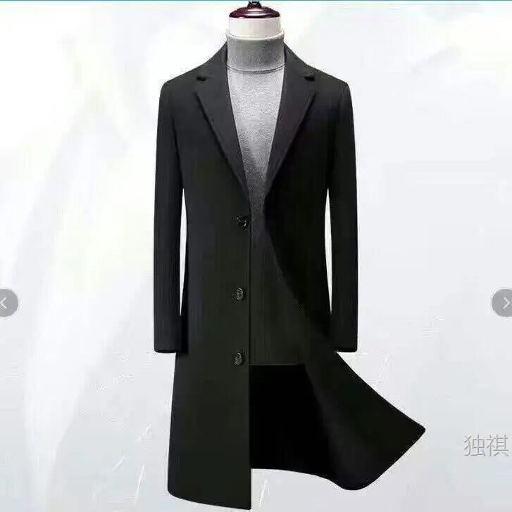 Men's Long Double-Breasted Woolen Coat Autumn Winter Fashion Slim Fit Windbreaker Coat Thickened Rabbit Fur Lined Sporty
