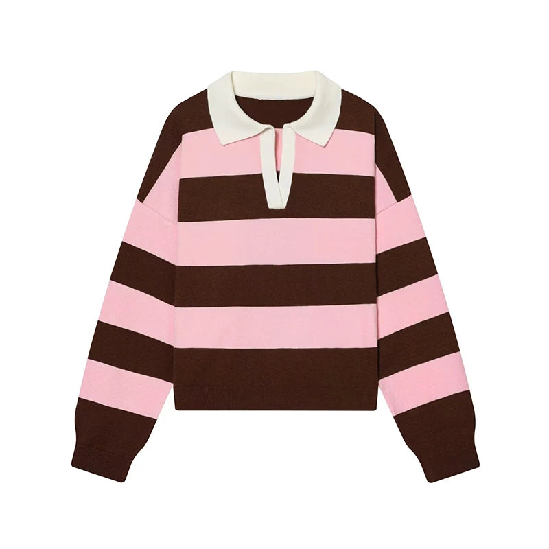 Women`s Striped Polo Neck Knitted Sweater - Casual Oversized Pullover