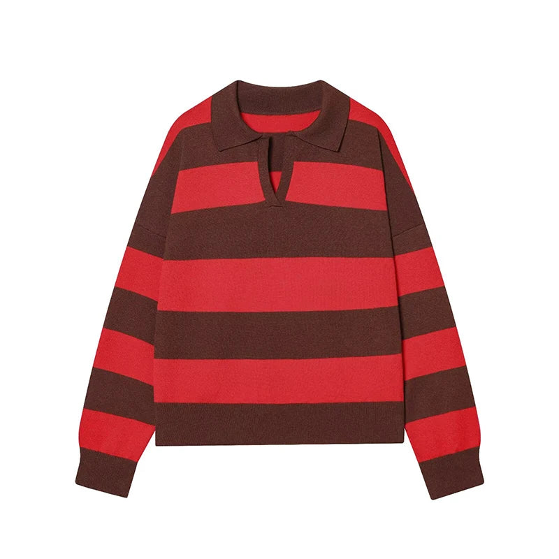Women`s Striped Polo Neck Knitted Sweater - Casual Oversized Pullover