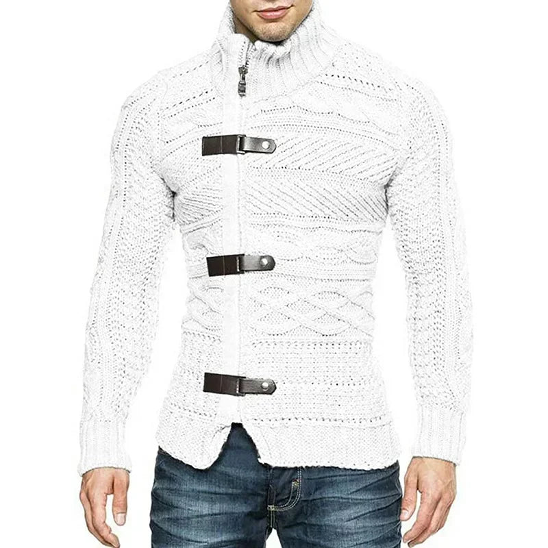 Men’s High-Neck Leather Buckle Knitted Cardigan Sweater
