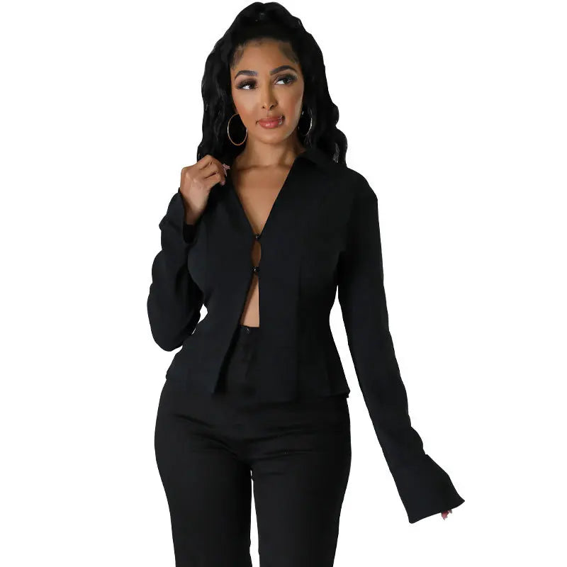 CM.YAYA Women Fashion Lace Up Backless Flare Long Sleeve Single Breasted Solid Streetwear Blazers Tops
