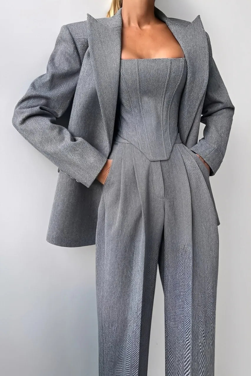 Fishbone Top Blazer Pants Sets 3 Pieces For Women Solid One Button Jacket Crop Tops High Waist Pocket Pant Lady Office Set