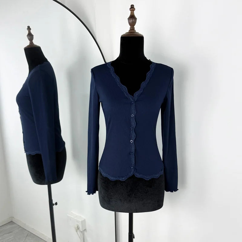 Tossy Casual Knitwear Lace V-Neck Cardigan Women Slim Solid Long Sleeves Commuting