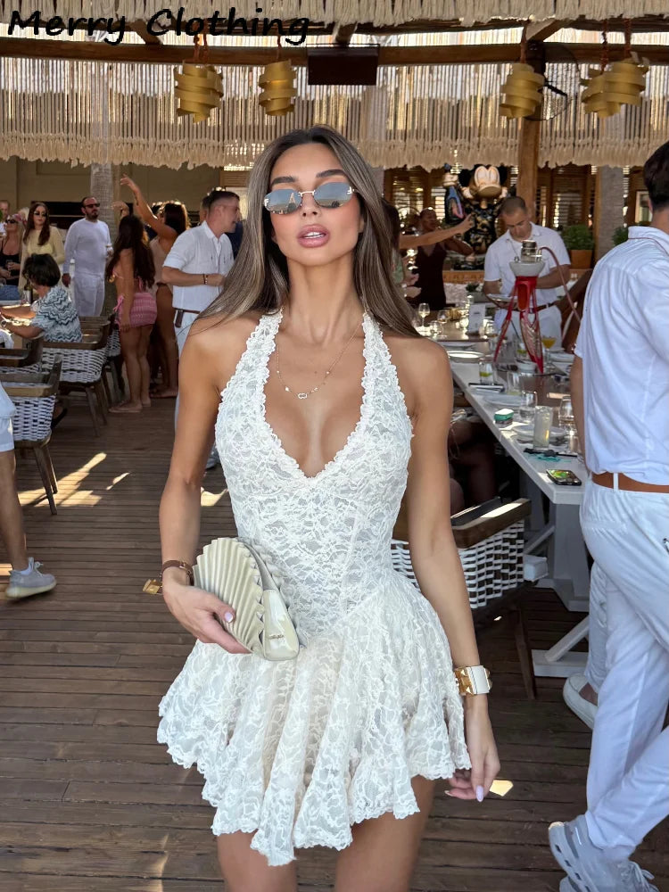 V Neck Halter Lace Mini Skirt Women Fashion Waist Cinched A Line Dress Backless Sleeveless Short Vestidos Summer Lady Dresses