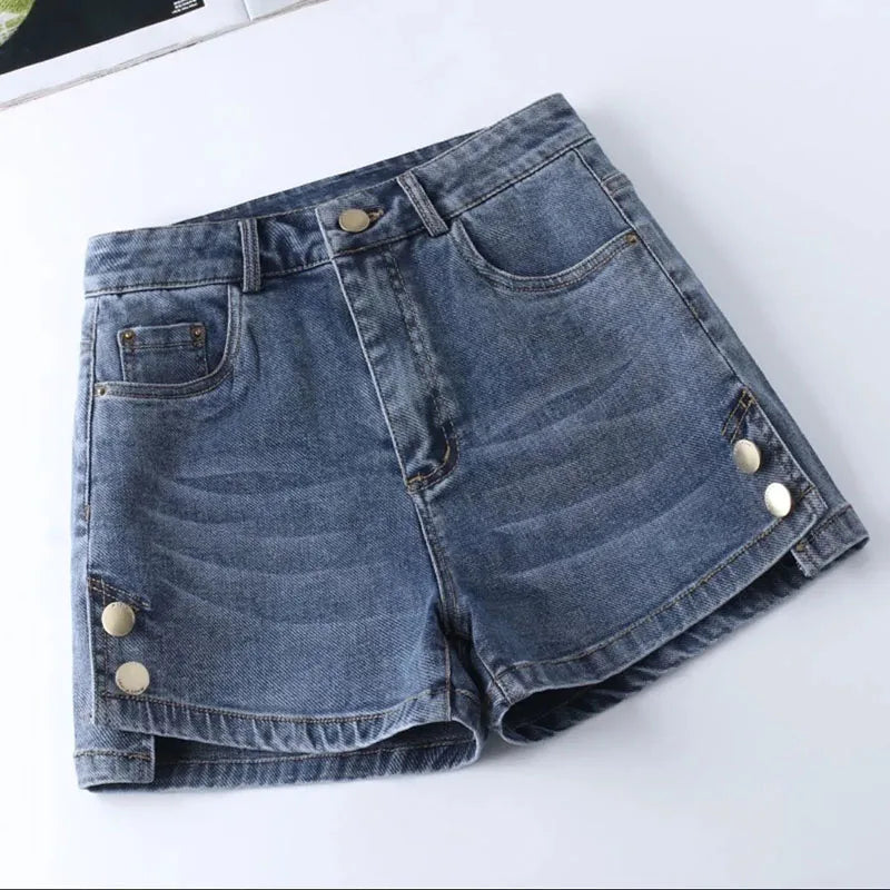 Women High Waisted Denim Shorts Versatile Chic Button Design Hot Short Jeans Woman Streetwear A-Line Wide Leg Cowboy Shorts