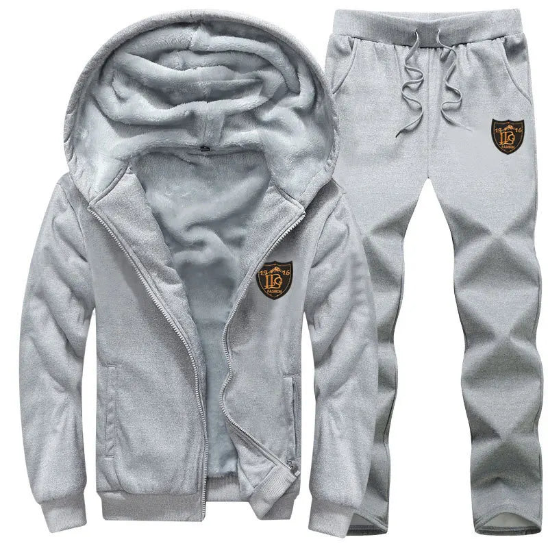 Men's Hooded Fleece-lined Open-front Cardigan And Casual Pants Two-piece Set for Autumn And Winter Thickened Long Sleeve Poly...