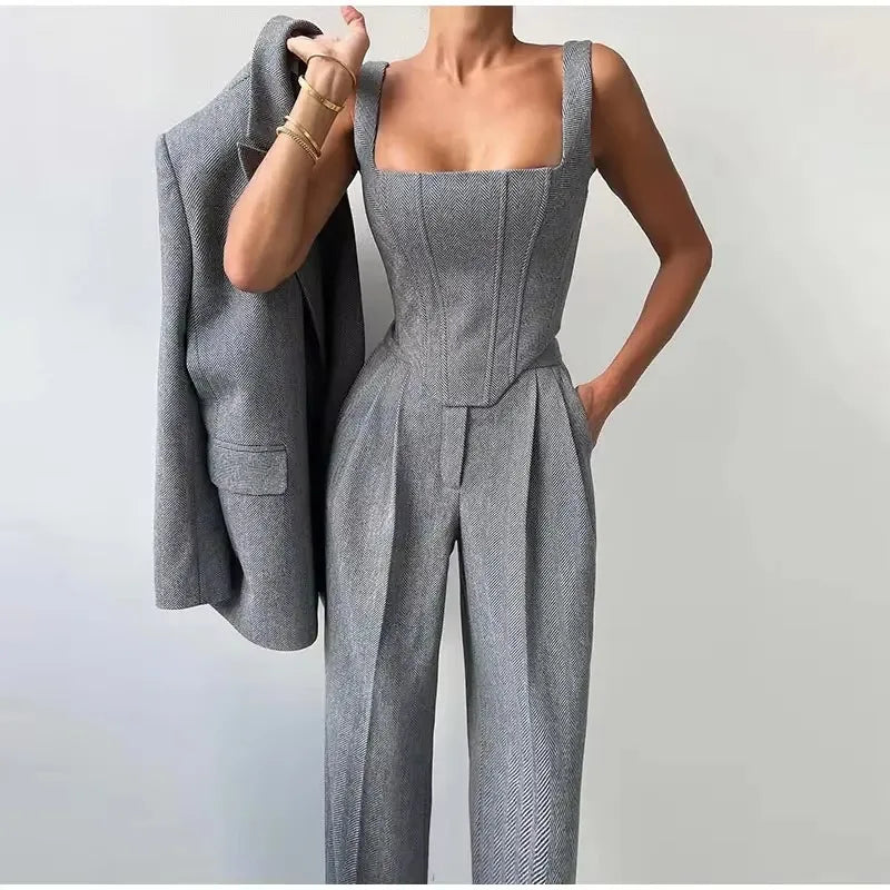 Fishbone Top Blazer Pants Sets 3 Pieces For Women Solid One Button Jacket Crop Tops High Waist Pocket Pant Lady Office Set