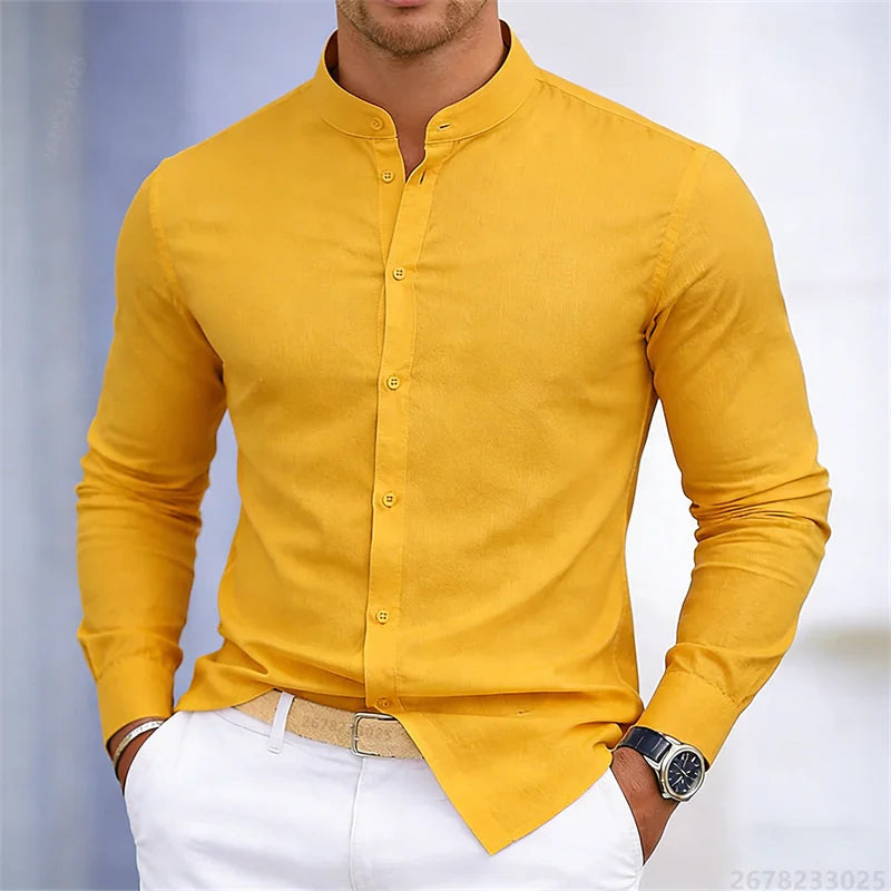 Men's Stand-Up Collar Long-Sleeve Shirt - Slim Fit Casual Business Shirt