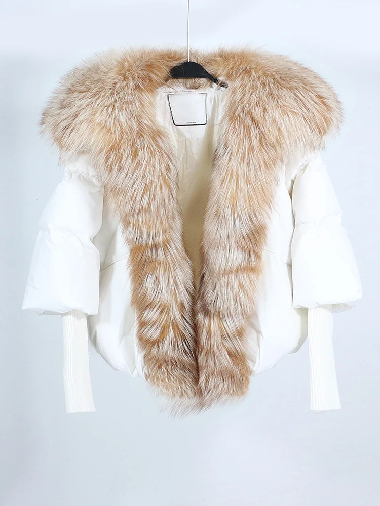 Loose Natural Real Fox Fur Collar Coat Thick New European Fashion White Duck Down Jacket Winter Women Warm Luxury Outerwear