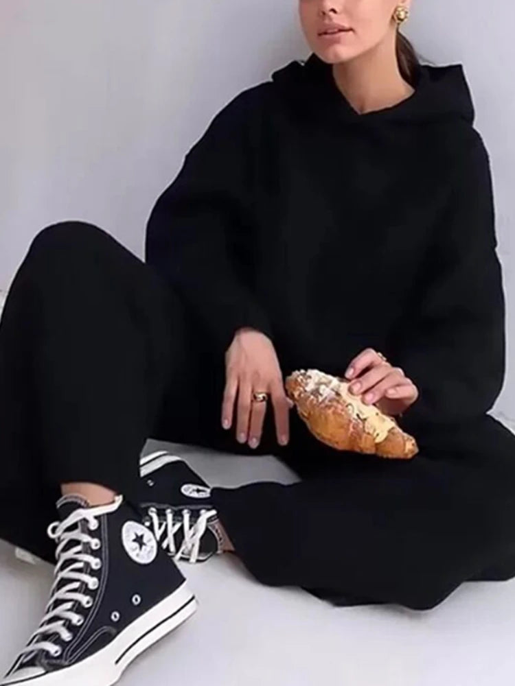 Muslim Women Two Piece Sets Women Homewear Rib Knitted Soft Pajamas Casual Loose Hooded Tops And Wide Leg Pants Suit Sportswear