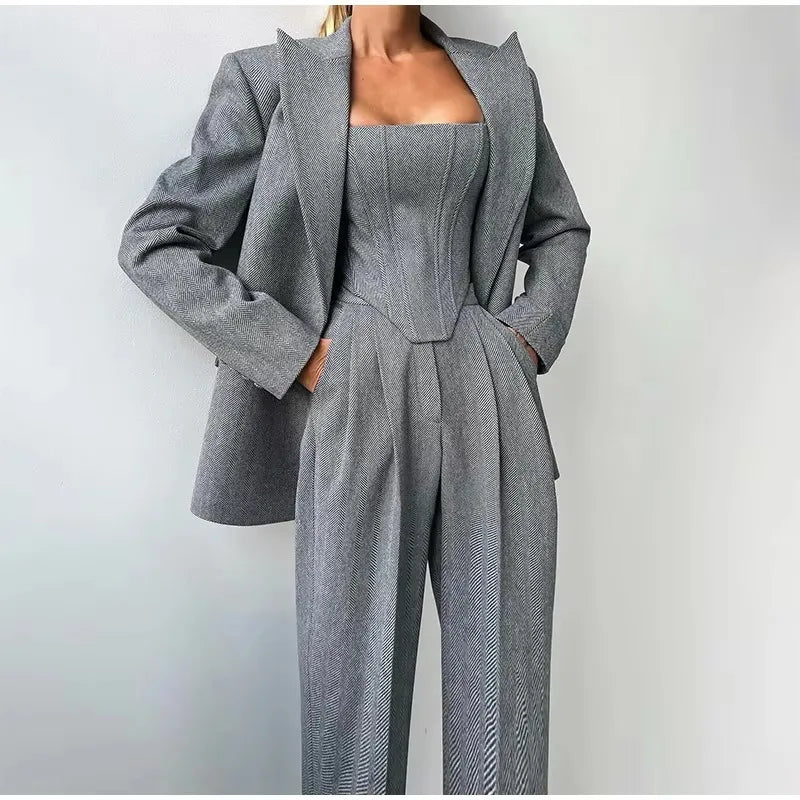 Fishbone Top Blazer Pants Sets 3 Pieces For Women Solid One Button Jacket Crop Tops High Waist Pocket Pant Lady Office Set
