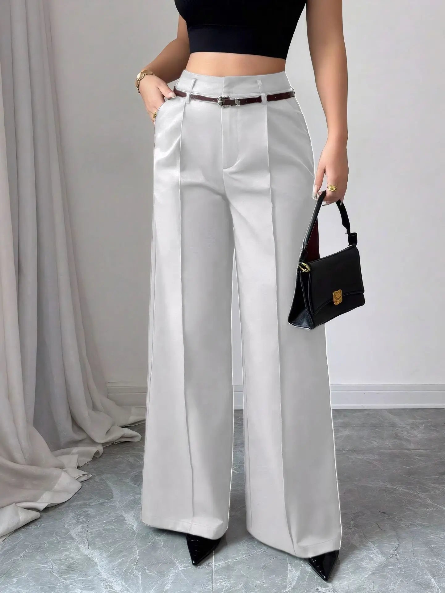 High Waist Solid Pants For Women Casual Belt Wide-leg Trousers Ladies With Pockets Office Wear Pants Pantalones Mujer Summer