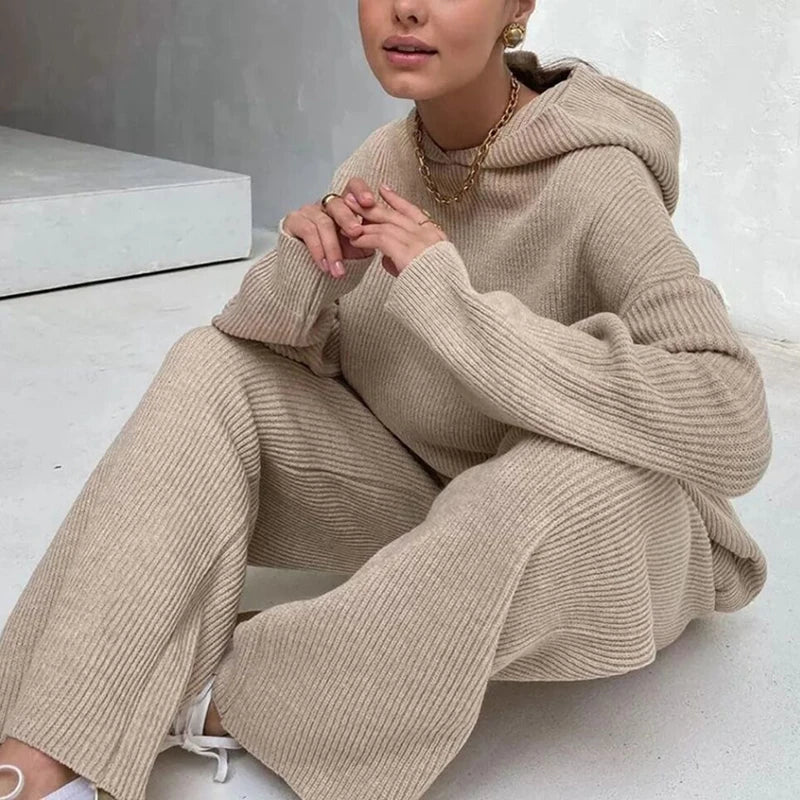 Muslim Women Two Piece Sets Women Homewear Rib Knitted Soft Pajamas Casual Loose Hooded Tops And Wide Leg Pants Suit Sportswear