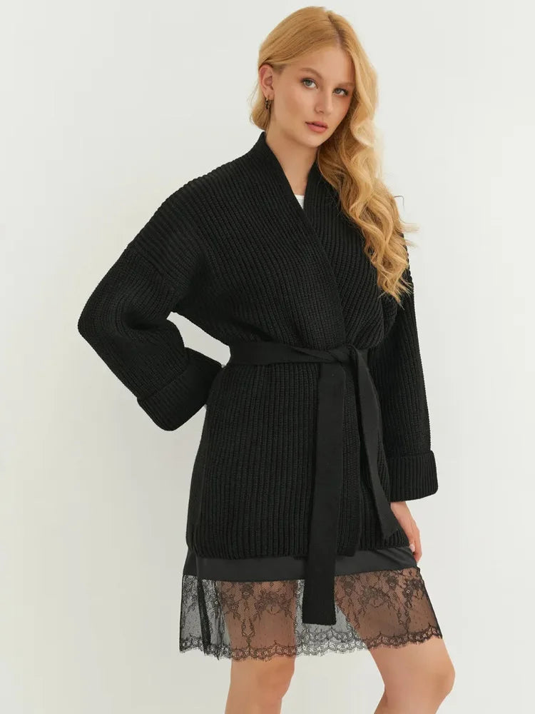 Elegant Ribbed Knit Lace-Up Cardigan Coat