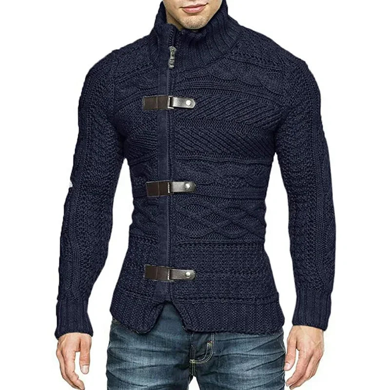 Men’s High-Neck Leather Buckle Knitted Cardigan Sweater