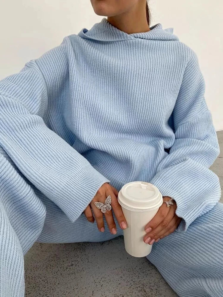 Muslim Women Two Piece Sets Women Homewear Rib Knitted Soft Pajamas Casual Loose Hooded Tops And Wide Leg Pants Suit Sportswear