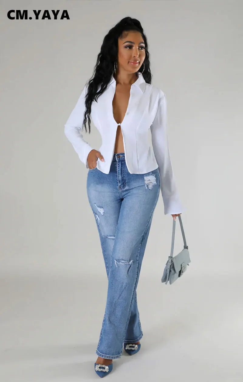 CM.YAYA Women Fashion Lace Up Backless Flare Long Sleeve Single Breasted Solid Streetwear Blazers Tops