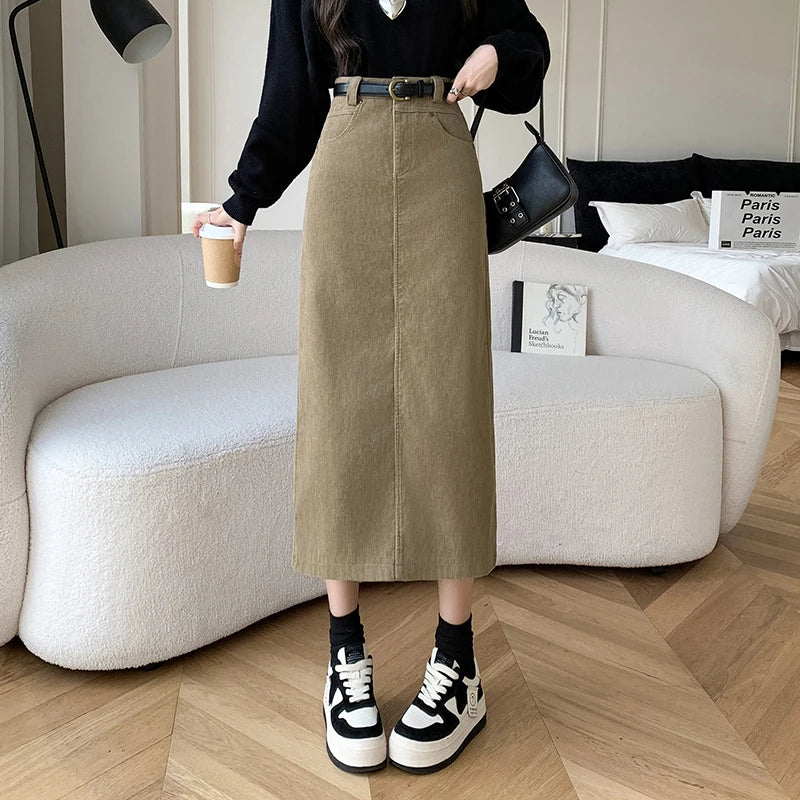 Winter Corduroy Women's Long Skirt Woman Vintage High Waist Wrap Cargo Bodycon Skirts With Belt A-line Black Brown Faldas Largas