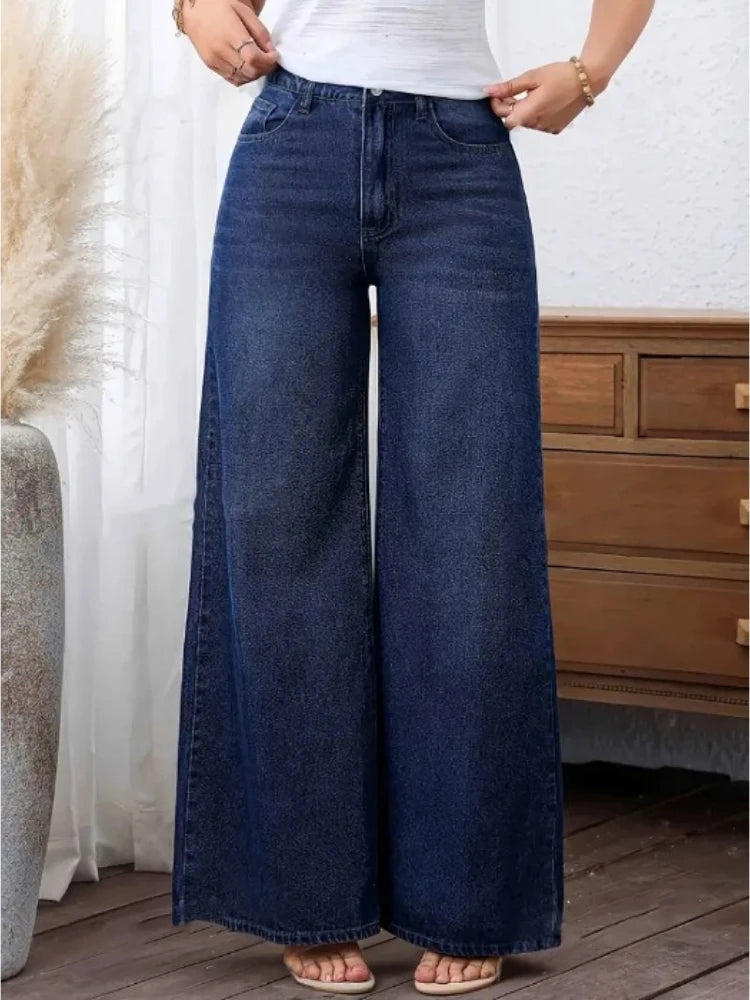 Women Denim Pant Jeans Vintage Wide Leg Long Pants Slim Fit High Waist Y2k Streetwear Elegant Splice Work Casual Loose Capris